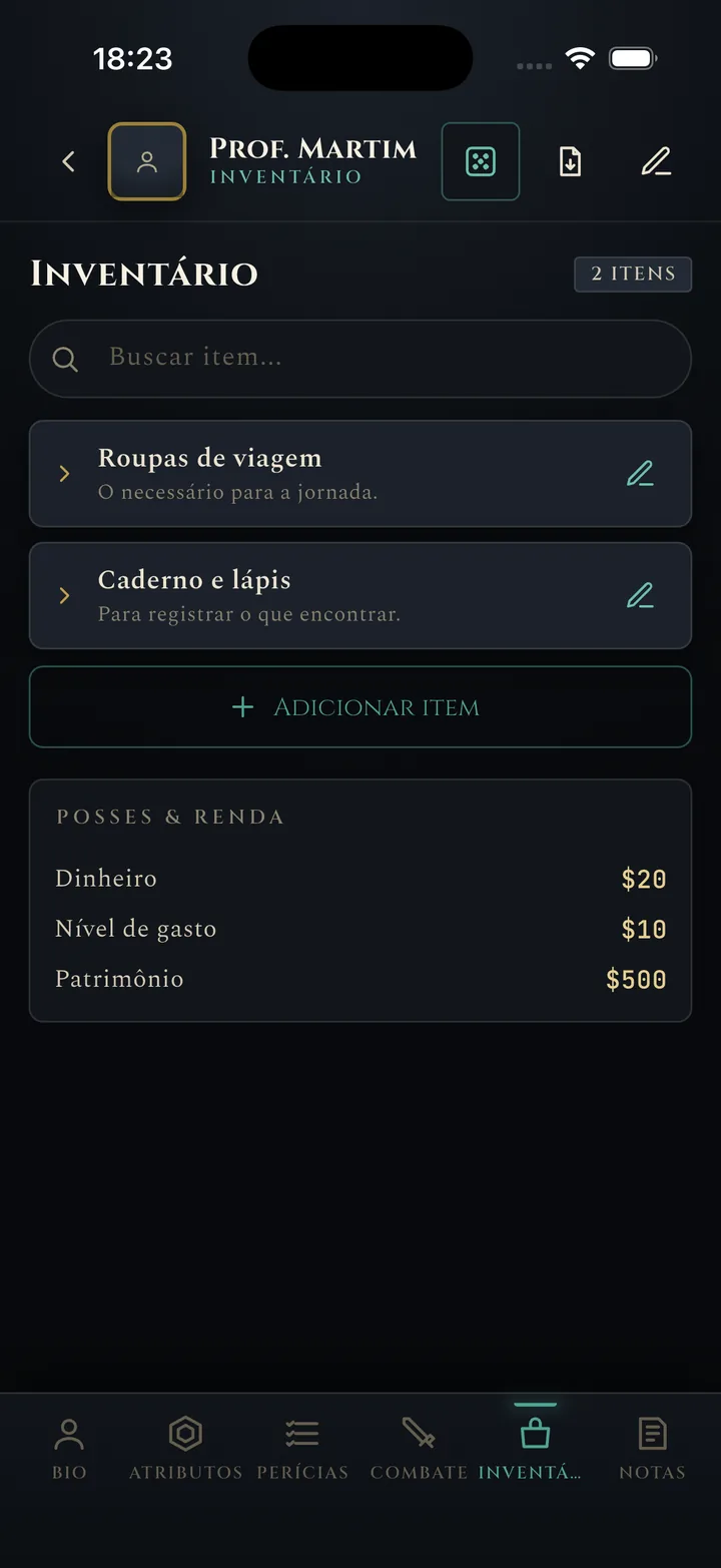 Tela de inventário e posses