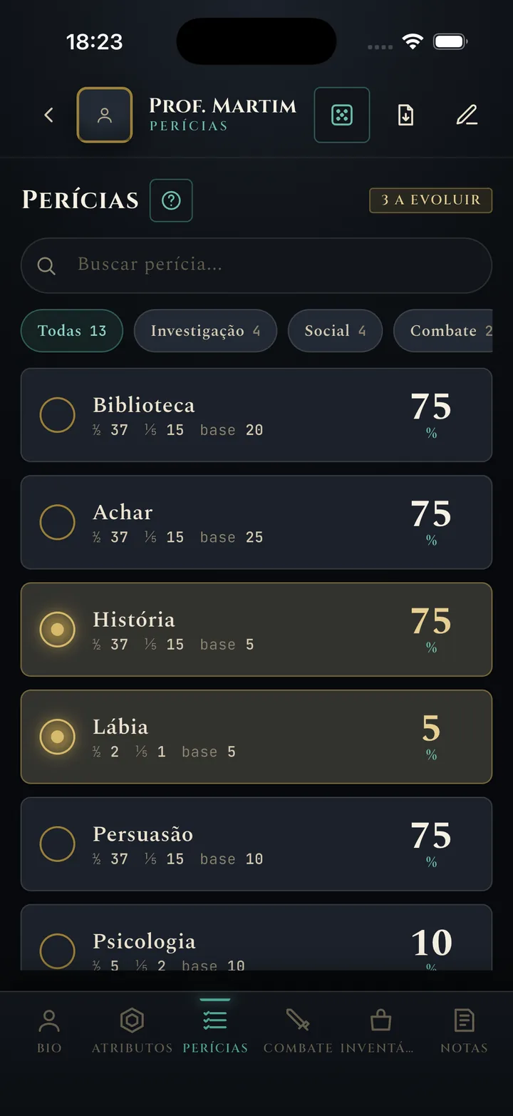 Lista de perícias com metades e quintos